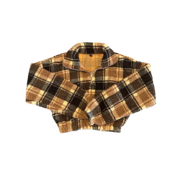 ZAFUL Plaid Teddy Zip Jacket Sherpa Fleece Brown Beige Crop Coat SZ 6 Medium - Picture 5 of 10